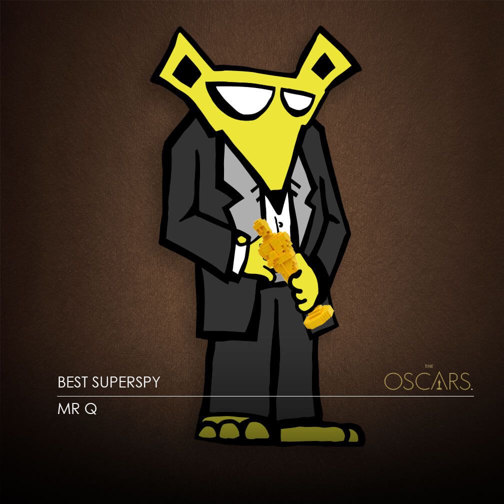 Mr Q is holding his newly won Lego Oscar at the 2015 Academy Awards