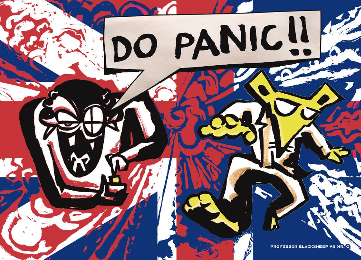 Mr Q versus Professor BlackSheep from clueQuest are on this leaflet from Don't Panic!